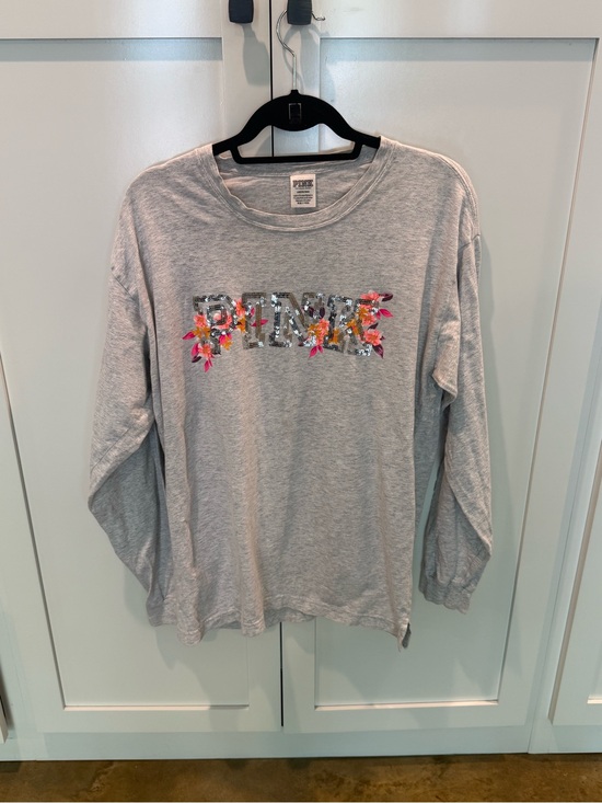 PINK Victoria's Secret Tops - PINK Victoria's Secret Light Gray Long-Sleeve Tee with Sequin Floral Logo